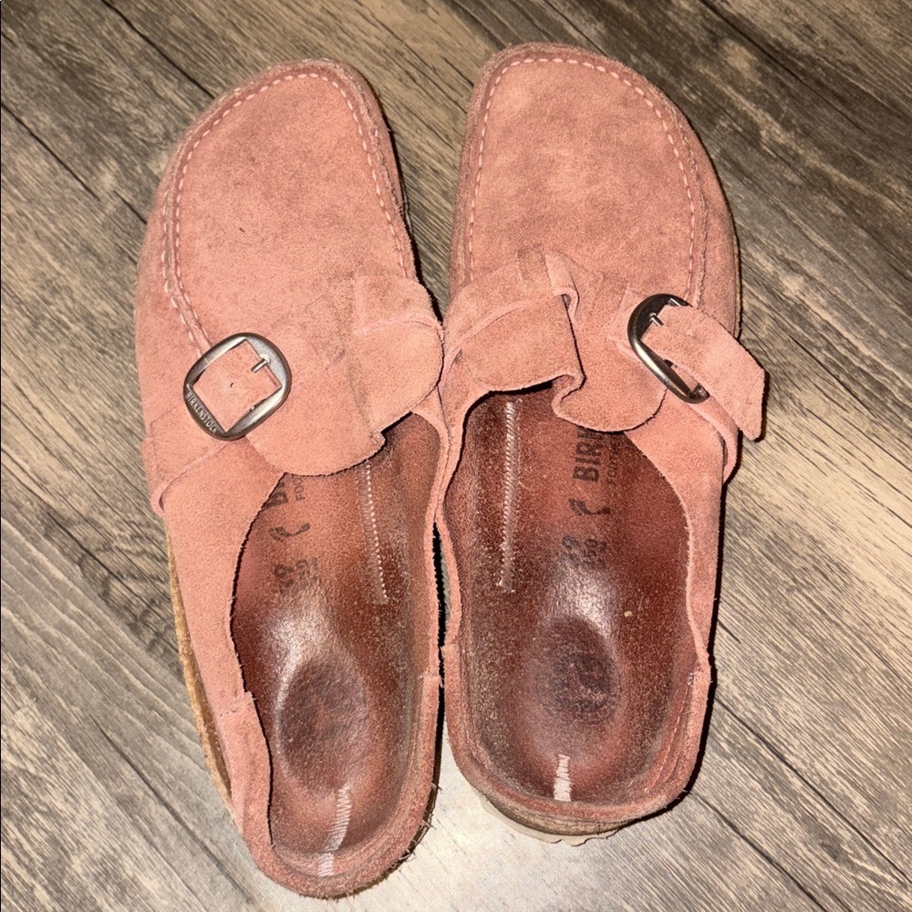 Birkenstock Pink Suede Clog Loafers with Buckle - Picture 7 of 9